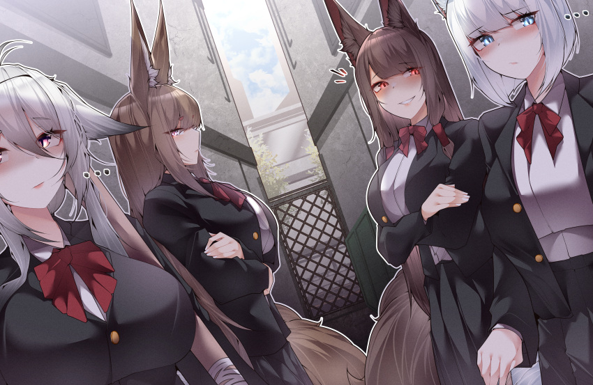 ... 4girls :/ absurdres akagi_(azur_lane) amagi_(azur_lane) animal_ears arm_support arm_under_breasts azur_lane baseball_bat black_skirt blazer blue_eyes blush bow bowtie breast_rest breasts brown_hair casual collared_shirt cowboy_shot crossed_arms day expressionless eyeshadow fox_ears fox_girl fox_tail from_side gang grin hair_between_eyes hair_over_one_eye half-closed_eyes highres holding holding_baseball_bat jacket kaga_(azur_lane) kitsune large_breasts long_hair looking_at_viewer looking_back makeup medium_hair multiple_girls multiple_tails open_clothes open_jacket outdoors pink_eyes pleated_skirt purple_eyes red_bow red_bowtie red_eyes red_eyeshadow samip school_uniform shirt skirt slit_pupils smile staring tail tosa_(azur_lane) unbuttoned upper_body very_long_hair white_hair white_shirt