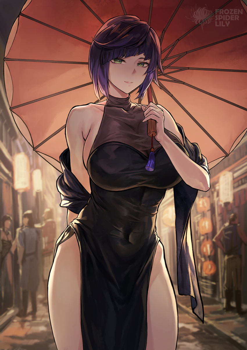 1girl alternate_costume artist_name bare_shoulders black_dress black_scarf bob_cut breasts cleavage closed_mouth covered_collarbone covered_navel cowboy_shot diagonal_bangs dress frozen_spider_lily genshin_impact green_eyes highres holding holding_umbrella large_breasts looking_at_viewer night oil-paper_umbrella outdoors pelvic_curtain purple_hair scarf see-through see-through_cleavage short_hair smile solo_focus umbrella yelan_(genshin_impact)