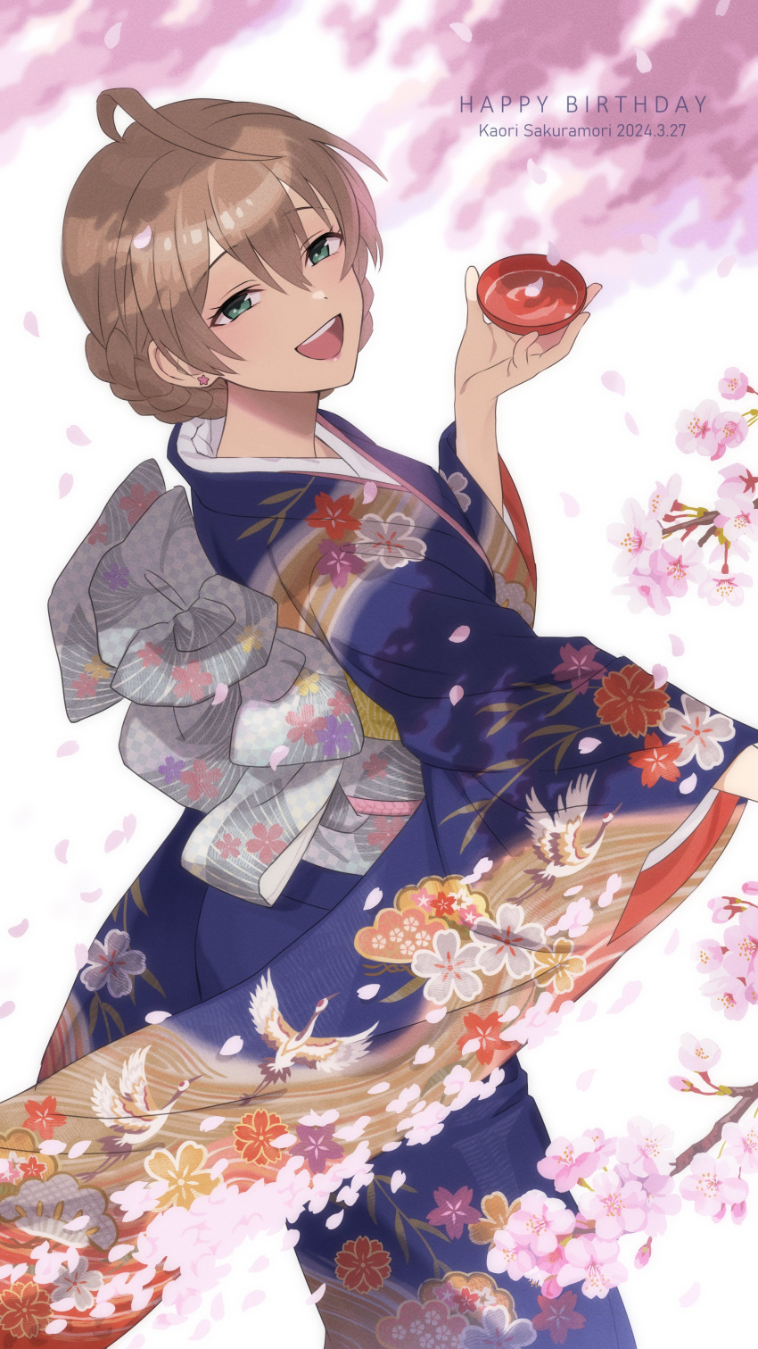 1girl absurdres ahoge alcohol alternate_costume animal_print bird birthday blue_kimono braid braided_bun brown_hair character_name cherry_blossoms commentary_request cup dated dot_nose drink ear_piercing english_text eyelashes falling_petals feet_out_of_frame floral_print floral_print_kimono french_braid from_side fukakuteisei furisode furisode_sleeves green_eyes hair_between_eyes hair_bun hands_up happy_birthday heron highres holding holding_cup idolmaster idolmaster_million_live! japanese_clothes kimono long_bangs looking_at_viewer looking_to_the_side medium_hair multicolored_clothes multicolored_kimono obi obiage open_mouth outdoors petals piercing pink_petals sakazuki sake sakuramori_kaori sash sidelocks smile spring_(season) standing star_piercing teeth tongue tree upper_teeth_only