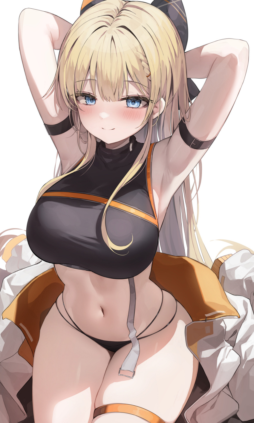 1girl absurdres arm_belt arm_strap armpits arms_behind_head arms_up bare_shoulders black_panties black_shirt blonde_hair blue_eyes blush bow braid breasts chimyo closed_mouth commission cowboy_shot crop_top hair_bow highres jacket large_breasts long_hair looking_at_viewer multi-strapped_panties navel no_pants original panties second-party_source shirt sidelocks simple_background skindentation sleeveless sleeveless_shirt smile solo sonya_(schan) stomach string_panties taut_clothes taut_shirt thigh_strap thighs underwear unworn_jacket very_long_hair white_background white_jacket