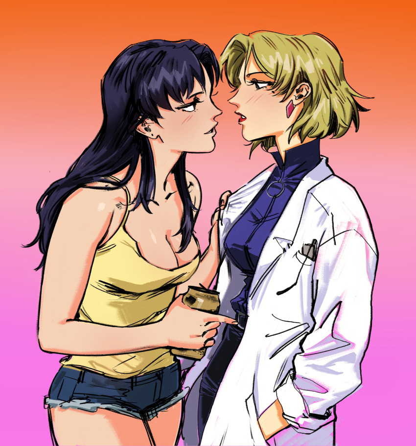 2girls absurdres akagi_ritsuko alcohol beer beer_can blonde_hair blush breasts can cleavage drink_can drunk earrings eye_contact grabbing grabbing_another's_shoulder highres imminent_kiss jewelry katsuragi_misato lab_coat lesbian_flag long_hair looking_at_another multiple_girls neon_genesis_evangelion pointing pointing_at_another purple_hair scubaby short_hair shorts tank_top yellow_tank_top yuri
