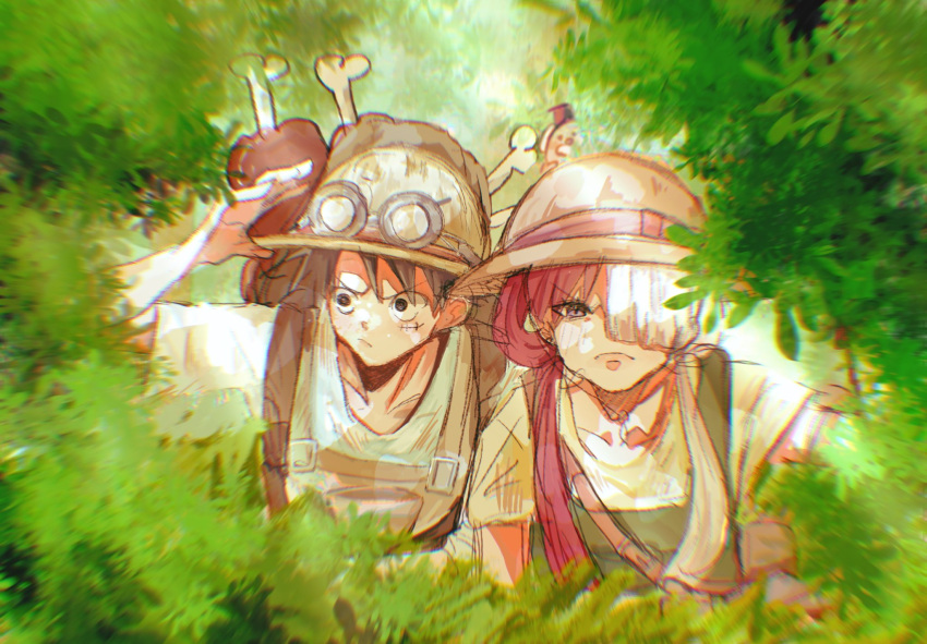 1boy 1girl arm_up black_hair commentary food forest goggles goggles_on_headwear hair_over_one_eye hat highres looking_to_the_side meat monkey_d._luffy multicolored_hair nature one_piece red_hair ri_fanart scar scar_on_face short_hair straw_hat suspenders symbol-only_commentary twintails two-tone_hair upper_body uta_(one_piece) white_hair