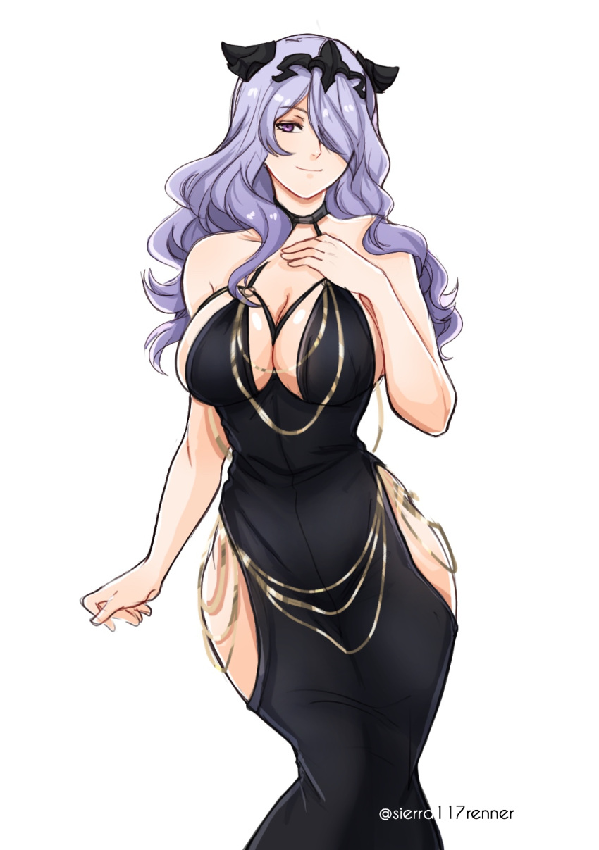 1girl alternate_costume artist_name bare_shoulders black_dress breasts camilla_(fire_emblem) cleavage closed_mouth clothing_cutout commentary dress english_commentary fake_horns fire_emblem fire_emblem_fates formal hair_ornament hair_over_one_eye highres horns large_breasts long_hair one_eye_covered purple_eyes purple_hair sierra117renner simple_background smile solo strapless strapless_dress twitter_username wavy_hair white_background