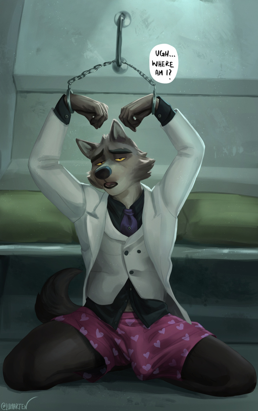 absurd_res anthro big_bulge bulge canid canine canis clothed clothing cuff_(restraint) detailed_bulge digital_media_(artwork) dreamworks fur genital_outline handcuffed handcuffs hi_res huge_bulge kneeling lumarten male mammal metal_cuffs mr._wolf_(the_bad_guys) open_mouth partially_clothed penis_outline restraints solo tail text the_bad_guys underwear wolf
