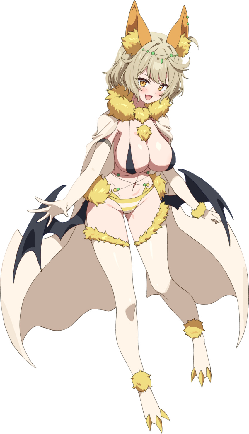 1girl animal_ear_fluff animal_ears artist_request ass_visible_through_thighs bikini black_bikini blonde_hair breasts cape cleavage commission elbow_gloves full_body fur-trimmed_thighhighs fur_collar fur_trim gloves highres large_breasts looking_at_viewer low_wings mismatched_bikini navel open_mouth orange_eyes original second-party_source short_hair smile solo stomach strap_gap string_bikini striped_bikini striped_clothes swimsuit thighhighs thighs transparent_background white_gloves white_thighhighs wings yellow_bikini