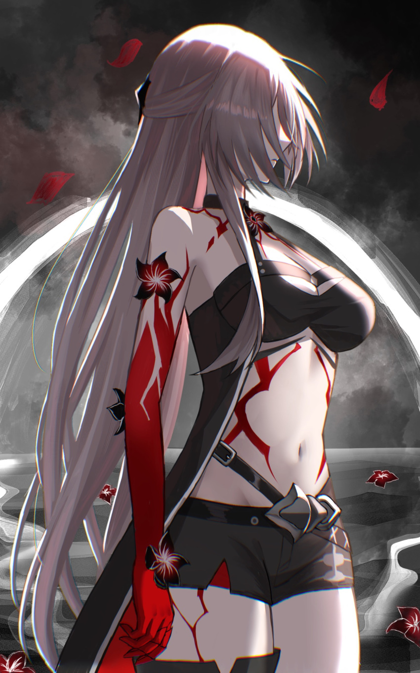 1girl acheron_(honkai:_star_rail) bare_shoulders black_choker black_shorts breasts choker cleavage commentary cowboy_shot grey_hair halterneck highres honkai:_star_rail honkai_(series) large_breasts long_hair midriff navel official_alternate_color pegu_098 short_shorts shorts solo standing stomach thighs very_long_hair