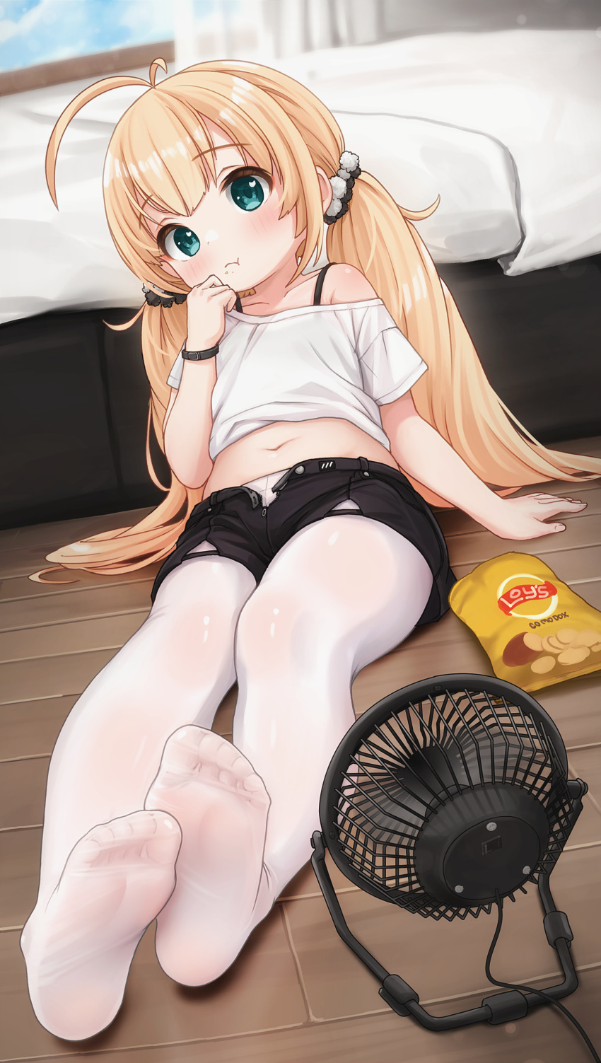 1girl absurdres ahoge bed bedroom black_shorts blonde_hair blush chips_(food) comodomodo eating electric_fan feet food green_eyes hand_to_own_mouth highres indoors legs long_hair looking_at_viewer midriff miu_(comodomodo) navel no_shoes on_floor original pantyhose pantyhose_under_shorts potato_chips shirt short_shorts short_sleeves shorts sitting soles solo thighs toes twintails unbuttoned very_long_hair white_pantyhose white_shirt wooden_floor