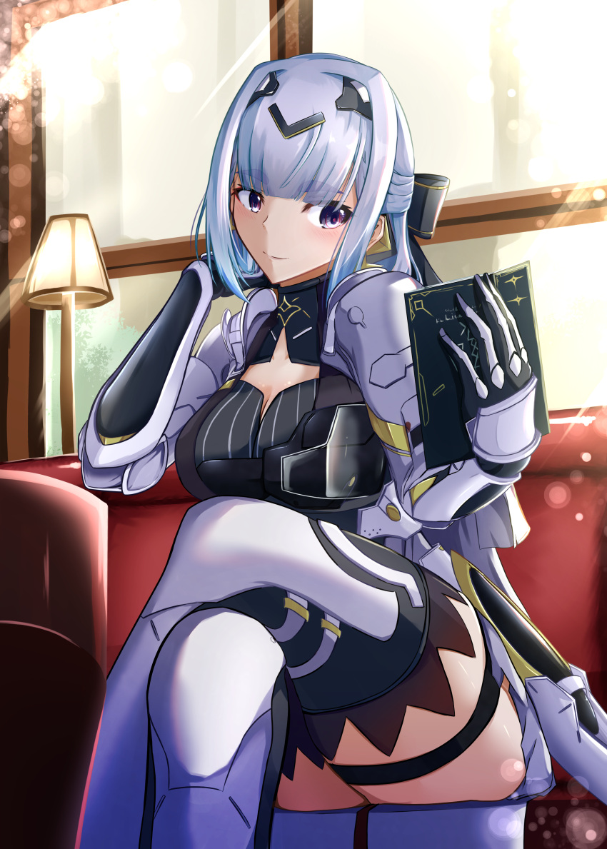 1girl absurdres alisa_(punishing:_gray_raven) black_bow black_dress bob_cut book bow breasts couch dress grey_hair hair_bow hair_intakes headgear highres holding holding_book indoors joints large_breasts littlesnow33 mechanical_arms mechanical_legs on_couch punishing:_gray_raven purple_eyes reading robot_joints sidelocks solo