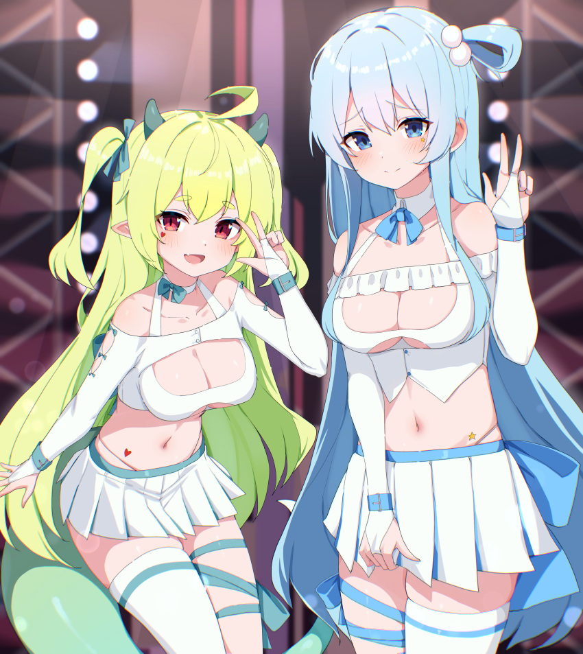 2girls absurdres ahoge bare_shoulders blue_bow blue_eyes blue_hair blurry bow breasts bridal_gauntlets choker cleavage cleavage_cutout closed_mouth clothing_cutout commission cowboy_shot crop_top depth_of_field facial_mark fang green_bow green_hair hair_bobbles hair_bow hair_ornament hair_rings halterneck hand_up heart highleg highres horns large_breasts leaning_forward light_blue_hair long_hair long_sleeves looking_at_viewer medium_breasts midriff miniskirt multiple_girls navel neck_ribbon off_shoulder open_mouth original panty_straps pleated_skirt pointy_ears red_eyes ribbon shirt sidelocks single_thighhigh skindentation skirt smile spaghetti_strap standing star_(symbol) stomach thigh_strap thighhighs thighs two_side_up underboob underboob_cutout v very_long_hair w.k white_choker white_shirt white_skirt white_thighhighs wristband yuksi_(yuksi) zettai_ryouiki