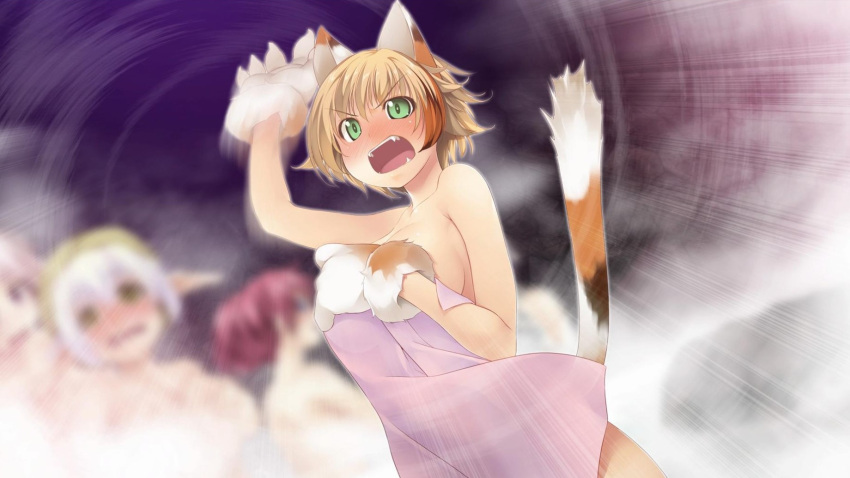 angry animal_ears animal_hands arm_up atelier-moo blush breasts brown_hair cat_ears cat_girl cat_tail cleavage fang feline_sora fingernails full-face_blush gloves green_eyes hair_between_eyes hand_on_own_chest highres large_breasts motion_blur multicolored_hair naked_towel nina_lazydaisy nude onsen open_mouth paw_gloves short_hair silvia_milsteen solo_focus speed_lines spica_celest standing steam streaked_hair tail tail_raised towel wizards_symphony