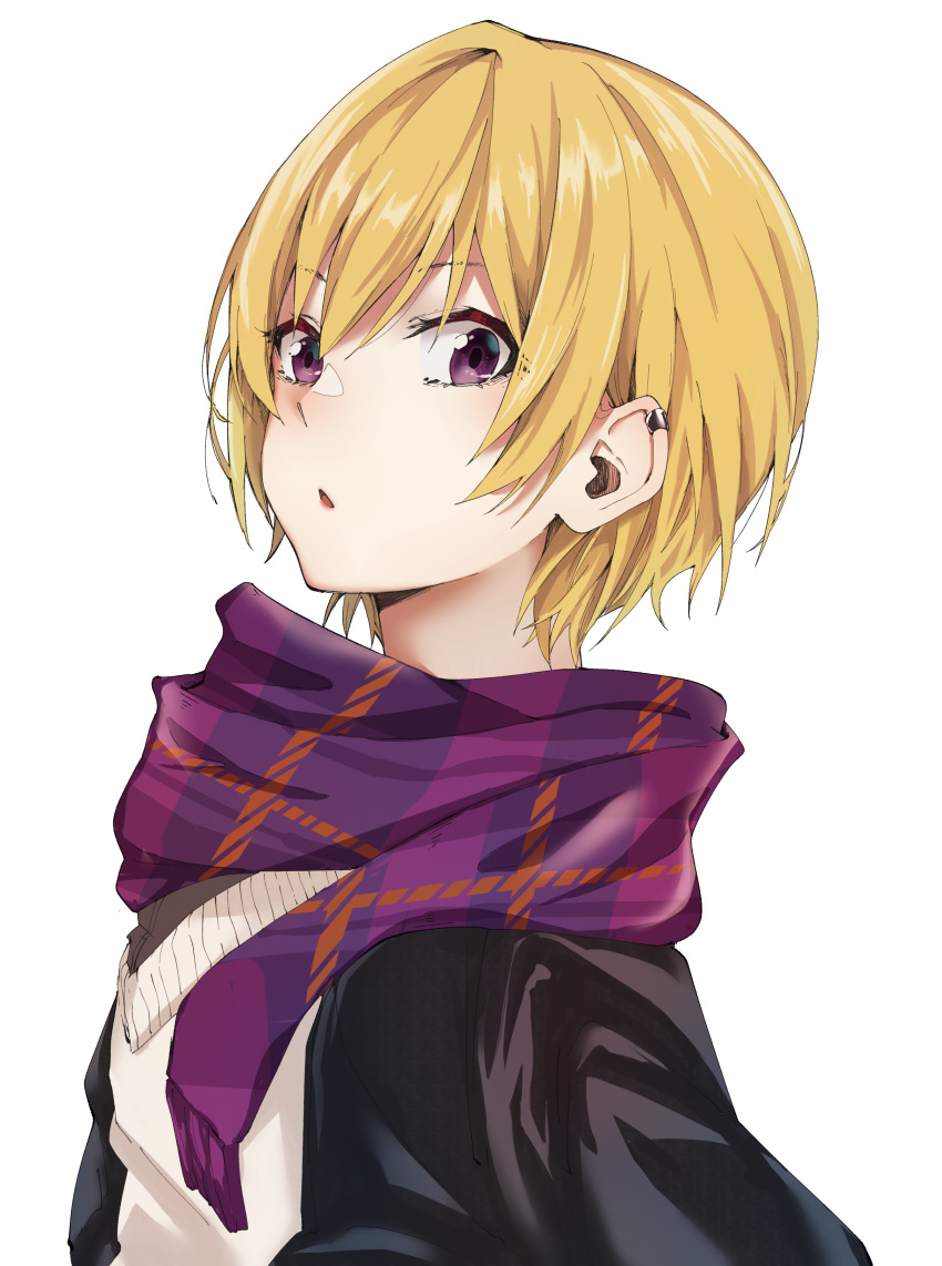 1girl absurdres black_jacket blonde_hair blush breasts ear_piercing from_side hair_between_eyes highres idolmaster idolmaster_shiny_colors jacket looking_at_viewer lulutaeri parted_lips piercing plaid plaid_scarf purple_eyes purple_scarf saijo_juri scarf short_hair simple_background small_breasts solo sweater upper_body white_background white_sweater