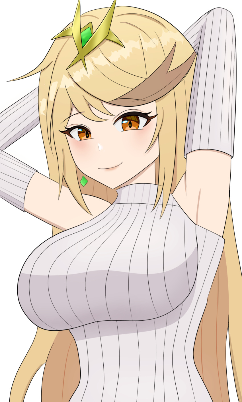 1girl bare_shoulders blush breasts gem hair_ornament highres large_breasts long_hair long_sleeves looking_at_viewer mythra_(xenoblade) ribbed_sweater smile solo super_smash_bros. sweater white_background xenoblade_chronicles_(series) xenoblade_chronicles_2 xenoblade_chronicles_2:_torna_-_the_golden_country yissou_art