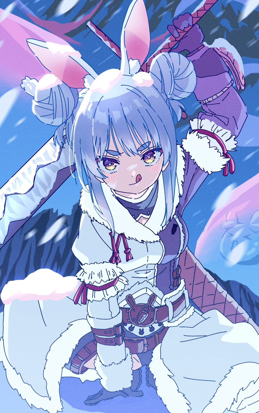 1girl absurdres animal_ear_fluff animal_ears blue_hair blush carrot coat double_bun fur-trimmed_gloves fur_coat fur_scarf fur_trim gloves hair_bun hasu highres holding holding_sword holding_weapon hololive licking_lips monster_hunter:_world monster_hunter_(series) monster_hunter_world:_iceborne orange_eyes rabbit_ears rabbit_girl short_eyebrows snow snow_on_head snowing solo superhero_landing sword thick_eyebrows tongue tongue_out usada_pekora virtual_youtuber weapon