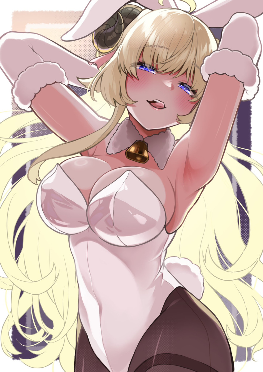 1girl @-you_(you_2023_8_16) ahoge animal_ears armpits arms_up bell black_pantyhose blonde_hair blush breasts covered_navel detached_collar highres hololive horns large_breasts licking_lips long_hair neck_bell pantyhose playboy_bunny purple_eyes rabbit_ears rabbit_tail sheep_horns tail tongue tongue_out tsunomaki_watame virtual_youtuber