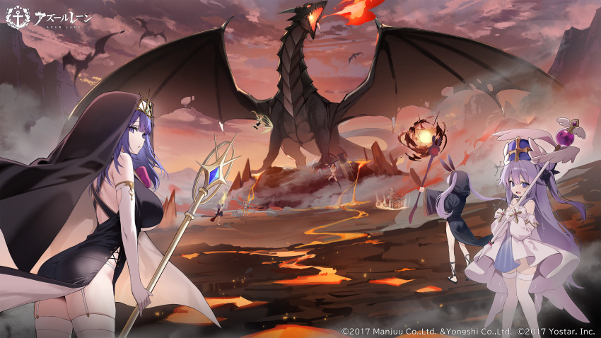 6+girls absurdres artist_request ayanami_(azur_lane) ayanami_(dynamic_kick!)_(azur_lane) azur_lane breath_weapon breathing_fire copyright_name dragon fire habit highres holding holding_staff javelin_(a_legend_is_born?!)_(azur_lane) javelin_(azur_lane) laffey_(azur_lane) laffey_(sleepageddon)_(azur_lane) liverpool_(azur_lane) liverpool_(breeze_of_blessing)_(azur_lane) logo multiple_girls official_alternate_costume official_art priestess promotional_art staff unicorn_(azur_lane) unicorn_(snow_white_guardian_angel)_(azur_lane) z23_(azur_lane) z23_(upgrade_failure?!)_(azur_lane)