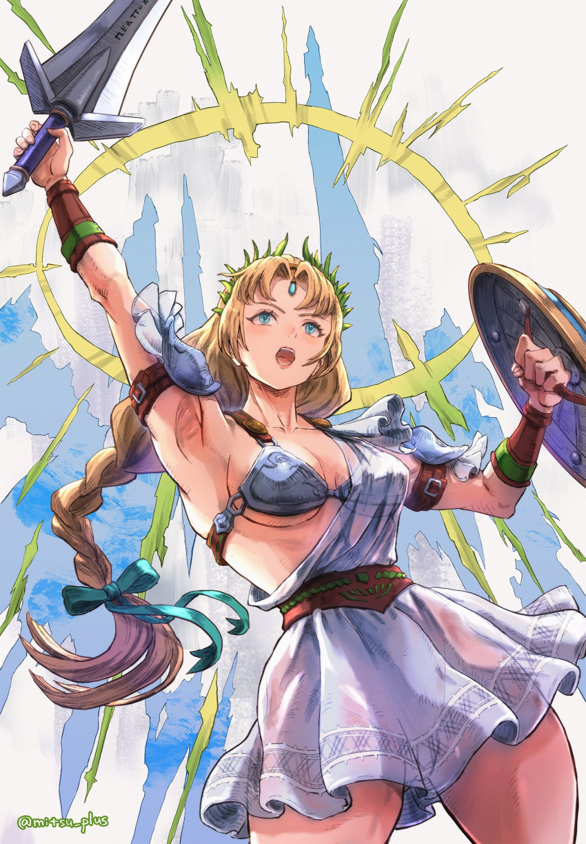1girl absurdres arm_up armor armored_dress armpits artist_name blonde_hair braid breasts collarbone commentary_request curtained_hair highres holding holding_shield holding_sword holding_weapon large_breasts long_hair low-tied_long_hair mitsu_plus open_mouth shield single_braid solo sophitia_alexandra soulcalibur soulcalibur_iii standing sword tiara twitter_username weapon white_background