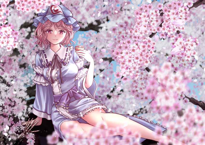 1girl blue_background blue_dress blue_hat blue_kimono cherry_blossoms cup dress frilled_kimono frills hat holding holding_cup japanese_clothes kimono kyabekko looking_at_viewer mob_cap pink_eyes pink_hair saigyouji_yuyuko smile solo touhou triangular_headpiece wide_sleeves