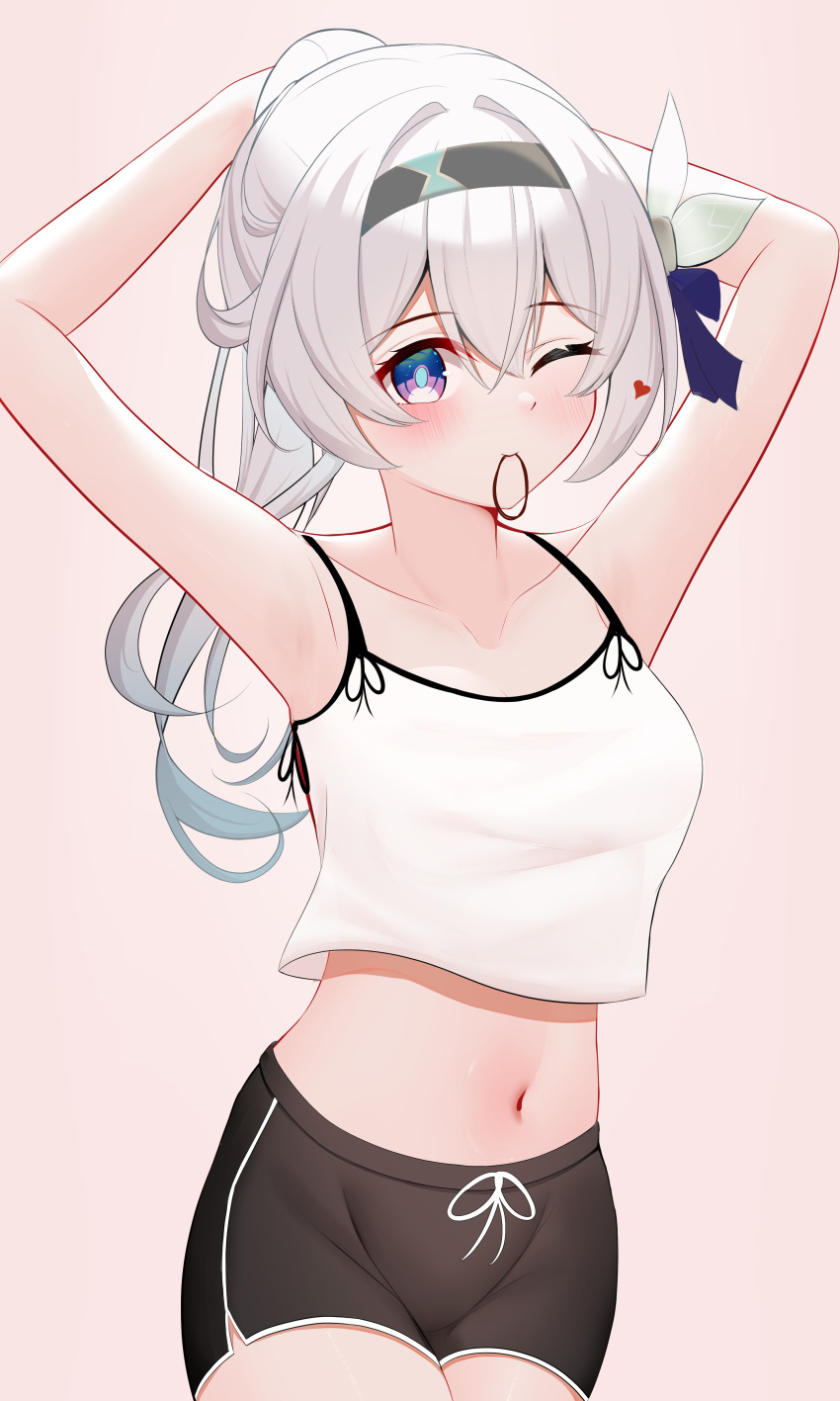 1girl ;) absurdres alternate_hairstyle armpits arms_up bare_arms bare_shoulders black_hairband black_shorts blush camisole collarbone commentary cowboy_shot crop_top crop_top_overhang firefly_(honkai:_star_rail) hairband heart highres honkai:_star_rail honkai_(series) knosdeba long_hair looking_at_viewer midriff mouth_hold navel one_eye_closed ponytail purple_eyes shorts smile solo spaghetti_strap standing stomach white_hair