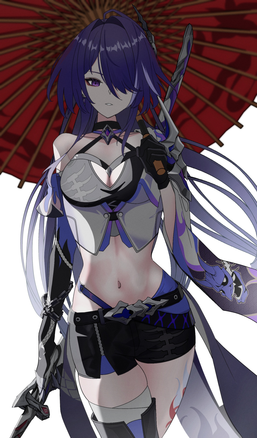 1girl absurdres acheron_(honkai:_star_rail) black_choker black_gloves black_shorts choker commentary cowboy_shot crop_top gloves hair_intakes hair_ornament hair_over_one_eye halterneck highres honkai:_star_rail honkai_(series) leg_tattoo long_hair looking_at_viewer midriff natsuki_iroha navel parted_lips purple_eyes purple_hair red_umbrella short_shorts shorts single_bare_shoulder solo standing stomach tattoo thighs umbrella very_long_hair white_background