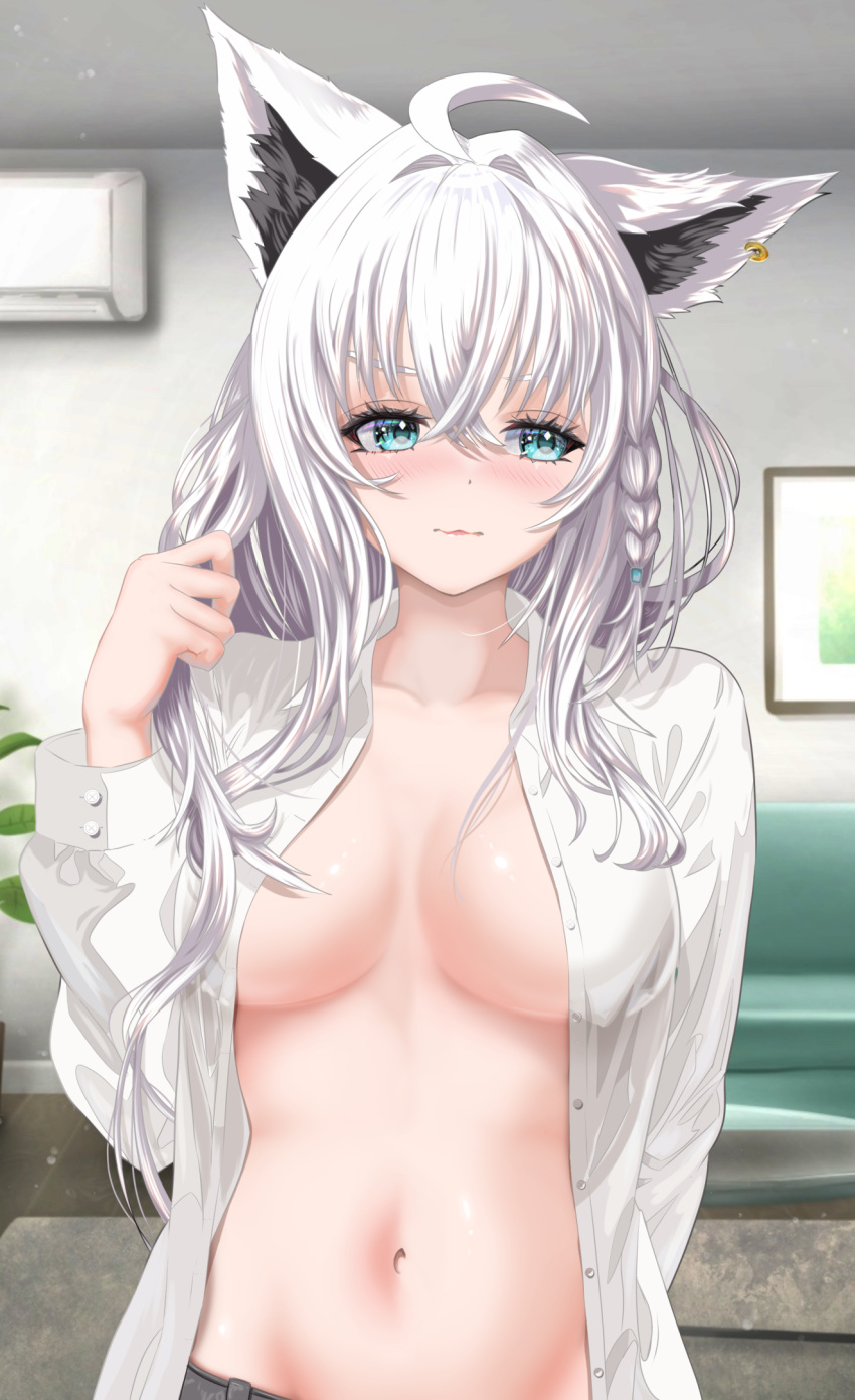 1girl ahoge animal_ear_fluff animal_ears blush borrowed_clothes braid breasts earrings fox_ears fox_girl green_eyes hair_between_eyes highres hololive indoors jewelry long_hair looking_to_the_side medium_breasts navel open_clothes open_shirt shirakami_fubuki shirt sidelocks single_braid solo virtual_youtuber wakaunderblade7 white_hair white_shirt