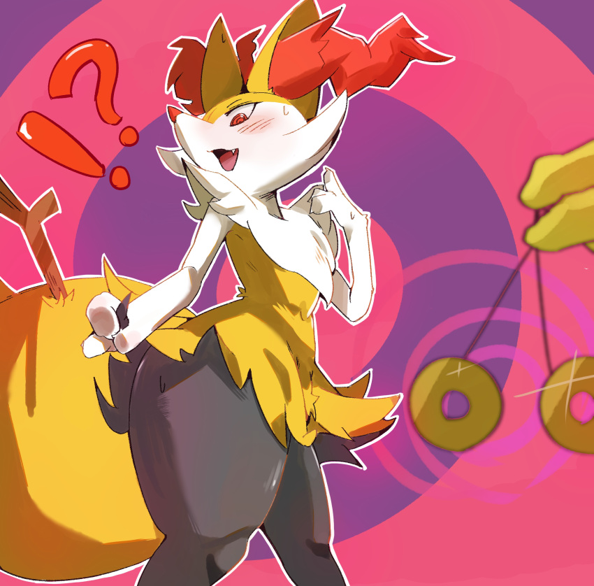 !? 1girl afterimage animal_ear_fluff animal_ears animal_hands animal_nose black_fur blurry blurry_foreground blush body_fur braixen claws commentary_request confused disembodied_limb fang flat_chest fox_ears fox_girl fox_tail furry furry_female glint hand_up highres holding_pendulum hypno hypnosis looking_down mind_control multicolored_fur navel neck_fur open_mouth outline pink_background pokemon pokemon_(creature) purple_background red_eyes ringed_eyes smile snout solo_focus stick stomach sweat tail tale_(b8codomu) thick_thighs thighs two-tone_background white_fur white_outline yellow_fur