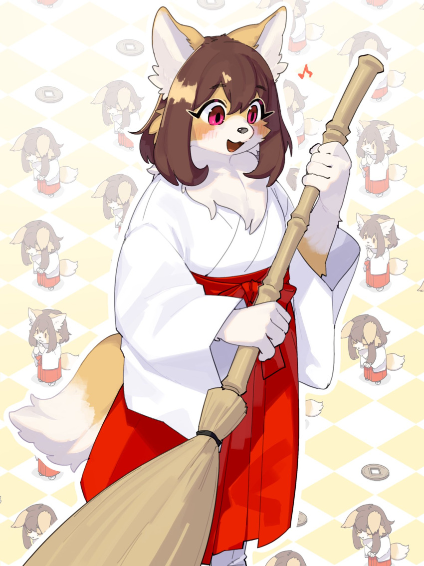 2024 5_fingers anthro asian_clothing blush broom brown_hair canid canine cleaning_tool clothed clothing east_asian_clothing fingers fox fur hair hi_res holding_broom holding_cleaning_tool holding_object japanese_clothing kame_3 kimono mammal neck_tuft pink_eyes solo tail tuft yellow_body yellow_fur