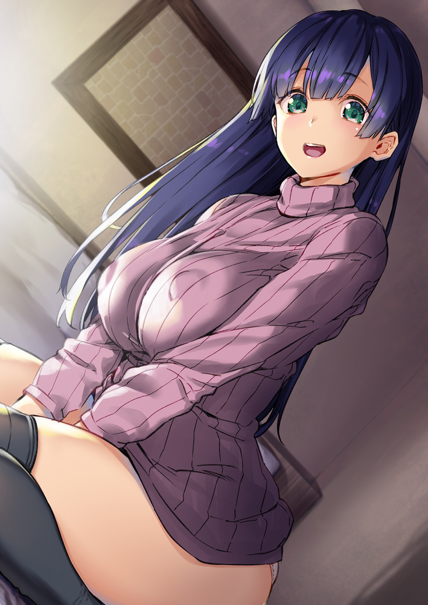 1girl :d bedroom between_legs black_thighhighs breasts commentary_request covered_nipples dutch_angle green_eyes hand_between_legs highres indoors large_breasts long_hair long_sleeves looking_at_viewer mikemono_yuu on_bed open_mouth original panties picture_frame purple_hair purple_sweater ribbed_sweater sitting smile solo sweater teeth thighhighs thighs turtleneck turtleneck_sweater underwear upper_teeth_only wariza white_panties