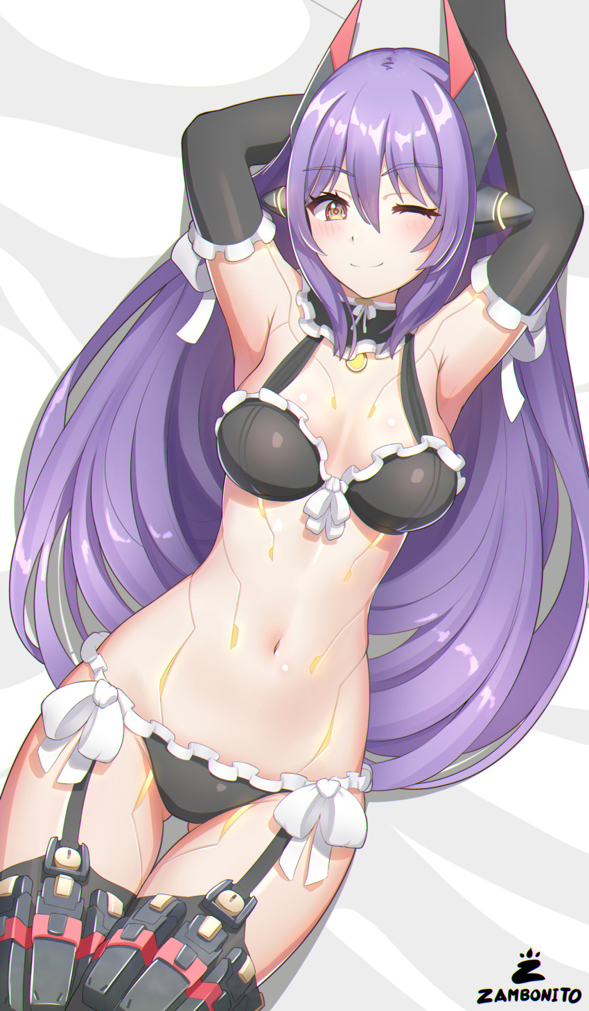1girl absurdres android ass_visible_through_thighs bikini breasts cleavage frilled_bikini frills garter_straps highres long_hair lying maid maid_bikini navel on_back one_eye_closed poppi_(xenoblade) poppi_qtpi_(xenoblade) purple_hair robot_ears smile solo stomach swimsuit thigh_gap unconventional_maid very_long_hair xenoblade_chronicles_(series) yellow_eyes zambonito