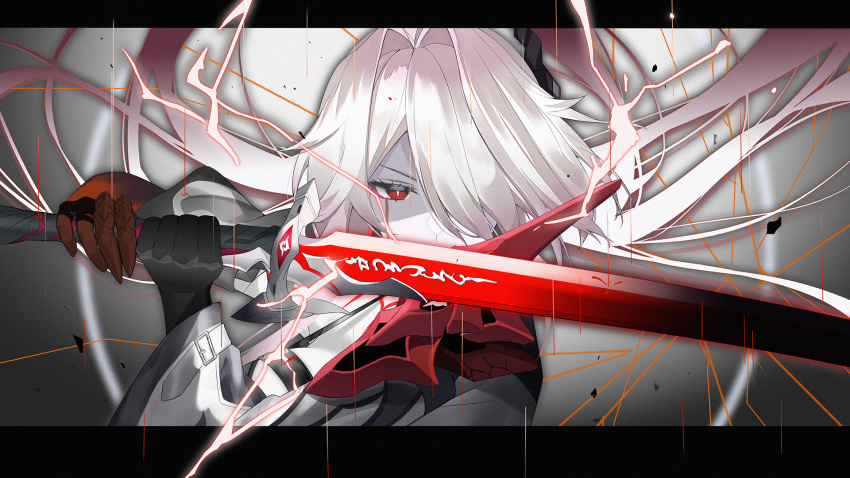 1girl acheron_(honkai:_star_rail) black_gloves commentary_request gloves hair_intakes hair_over_one_eye highres holding holding_sword holding_weapon honkai:_star_rail honkai_(series) katana letterboxed long_hair looking_at_viewer official_alternate_color red_eyes solo srpzk sword upper_body weapon white_hair