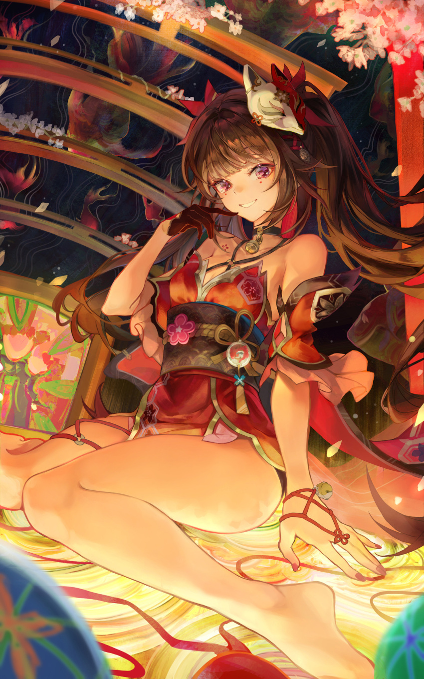 1girl absurdres bare_shoulders barefoot bell black_choker black_gloves blunt_bangs breasts brown_hair choker cleavage commentary_request criss-cross_halter detached_sleeves dress flower full_body gloves grin halterneck hand_on_ground hand_up highres honkai:_star_rail honkai_(series) long_hair looking_at_viewer neck_bell obi on_ground pink_eyes pink_flower pink_nails red_dress red_sleeves sash single_glove sitting sleeveless sleeveless_dress smile solo sparkle_(honkai:_star_rail) uli_(bredkgod) very_long_hair wariza