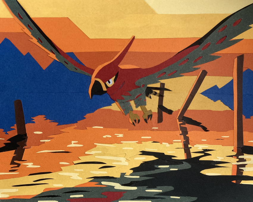 animal_focus backlighting bird black_eyes claws commentary flying highres horizon lake looking_to_the_side no_humans orange_sky paper_cutout_(medium) pokemon pokemon_(creature) reflection sky solo sunset talonflame tori_chiritsu traditional_media water