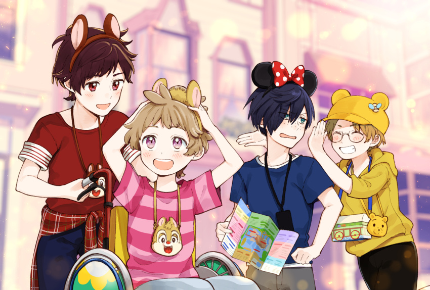 4boys animal_hairband arms_up black_shorts blonde_hair blue_eyes blue_hair blurry blurry_background blush bokeh bright_pupils brown_hair child closed_eyes commentary_request dark_blue_hair depth_of_field disney disneyland freckles glasses grin happy hat highres holding holding_map hood hoodie jinnai_enta karushiumu_shougyo kuji_toi looking_at_another male_focus map multiple_boys outdoors pink_eyes red_eyes sarazanmai shirt shorts smile standing t-shirt wheelchair yasaka_haruka yasaka_kazuki yellow_hoodie