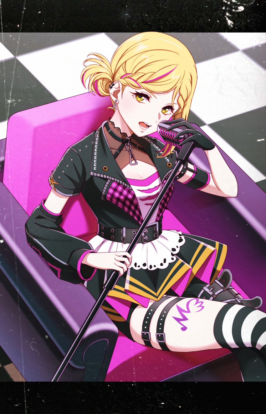 1girl absurdres arm_strap arm_warmers asymmetrical_legwear asymmetrical_sleeves belt black_belt black_gloves black_jacket black_skirt blonde_hair collarbone commentary ear_piercing earrings gloves hair_bun highres holding holding_microphone jacket jewelry looking_at_viewer love_live! love_live!_school_idol_festival_all_stars love_live!_sunshine!! microphone microphone_stand multicolored_hair nyasa ohara_mari on_chair open_clothes open_jacket open_mouth piercing pink_hair pink_shirt pleated_skirt shirt short_sleeves single_arm_warmer single_glove sitting skirt solo streaked_hair thigh_strap upper_body yellow_eyes