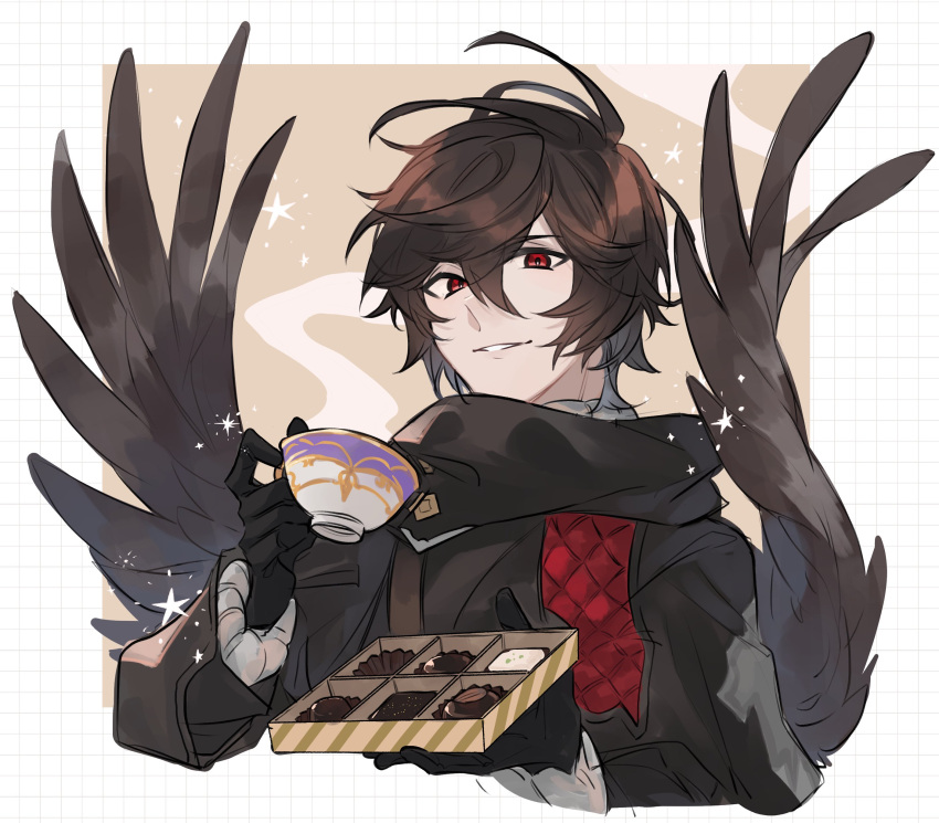 1boy absurdres ahoge box box_of_chocolates brown_hair brown_jacket brown_scarf brown_wings chocolate coffee coffee_cup commentary cup disposable_cup feathered_wings gloves granblue_fantasy hair_between_eyes highres jacket layered_sleeves light_smile looking_at_viewer male_focus messy_hair official_alternate_costume red_eyes ribbed_sweater sandalphon_(granblue_fantasy) scarf simple_background solo_focus sparkle star_(symbol) steam sweater symbol-only_commentary upper_body wings yakota_(usuk-yako)