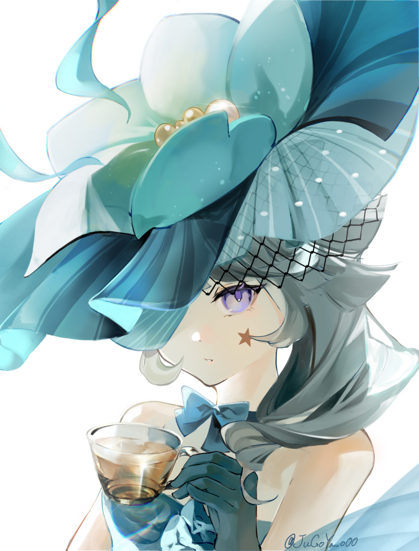 1girl aqua_choker aqua_gloves aqua_hat artist_name bare_shoulders choker commentary_request cup facial_tattoo genshin_impact gloves highres holding holding_cup light_brown_hair looking_at_viewer lynette_(genshin_impact) medium_hair one_eye_covered parted_lips purple_eyes ribbon_choker signature simple_background solo star_tattoo stella_(105_yoru) tattoo teacup upper_body white_background