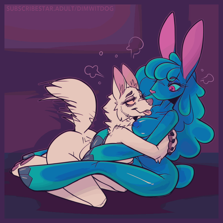 2024 animated anthro biped blep blue_body blue_nipples breasts canid canine canis claws digital_media_(artwork) dimwitdog duo embrace female female/female finger_claws fur goo_creature hi_res hug kneeling lagomorph leporid lulu_(dimwitdog) mammal monotone_body monotone_fur nipples pawpads pink_eyes pink_inner_ear pink_nipples pink_nose rabbit sitting tongue tongue_out white_body white_fur wolf