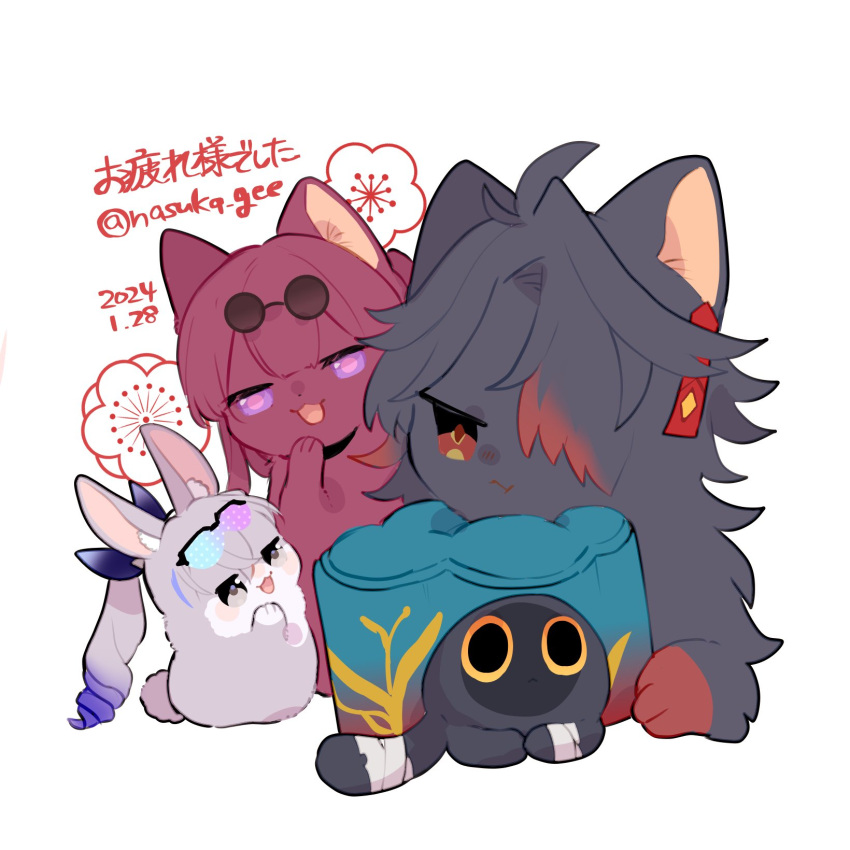 1boy 2girls animal_focus animalization bandaged_arm bandaged_tail bandages black_cat black_fur blade_(honkai:_star_rail) cat collar critter_pick_(honkai:_star_rail) drill_hair eyewear_on_head grey_eyes grey_fur hair_over_one_eye highres honkai:_star_rail honkai_(series) kafka_(honkai:_star_rail) long_hair mooncake multiple_girls nasuka_gee no_humans purple_cat purple_eyes purple_fur purple_hair rabbit red_eyes red_hair round_eyewear silver_wolf_(honkai:_star_rail) simple_background sunglasses white_background white_fur