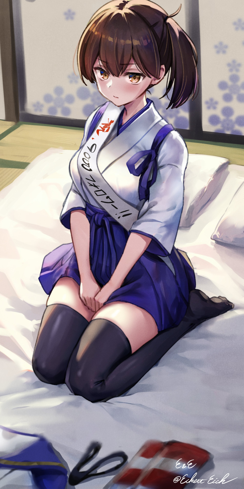 absurdres black_panties black_thighhighs blue_hakama blue_sailor_collar breasts brown_eyes brown_hair commentary_request cosplay crop_top eckert&amp;eich futon hakama hakama_short_skirt hakama_skirt highleg highleg_panties highres japanese_clothes kaga_(kancolle) kantai_collection large_breasts long_hair looking_at_viewer milestone_celebration panties pillow sailor_collar sash seiza shimakaze_(kancolle) shimakaze_(kancolle)_(cosplay) side_ponytail sitting skirt striped_clothes striped_thighhighs tasuki thighhighs underwear unworn_clothes