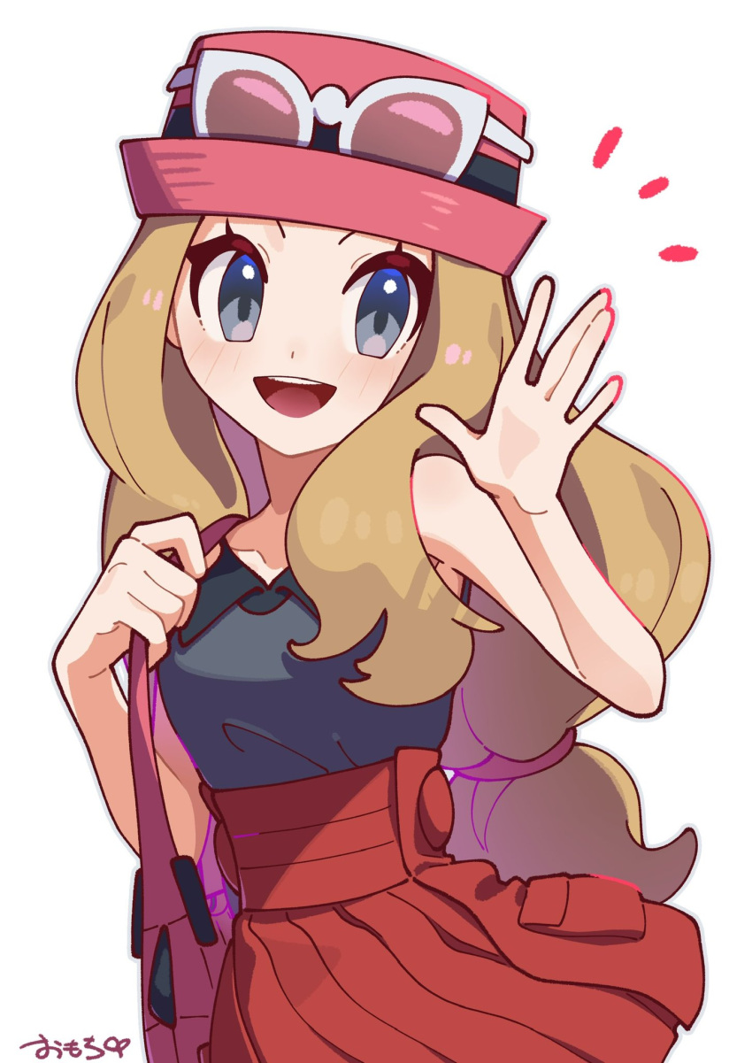 1girl :d bag blonde_hair commentary_request eyelashes eyewear_on_head grey_eyes handbag highres holding holding_bag light_blush long_hair looking_at_viewer low-tied_long_hair omochi_(omotimotittona3) open_mouth pink_bag pink_hat pleated_skirt pokemon pokemon_xy red_skirt serena_(pokemon) simple_background skirt smile solo sunglasses teeth translation_request upper_teeth_only waving white-framed_eyewear white_background