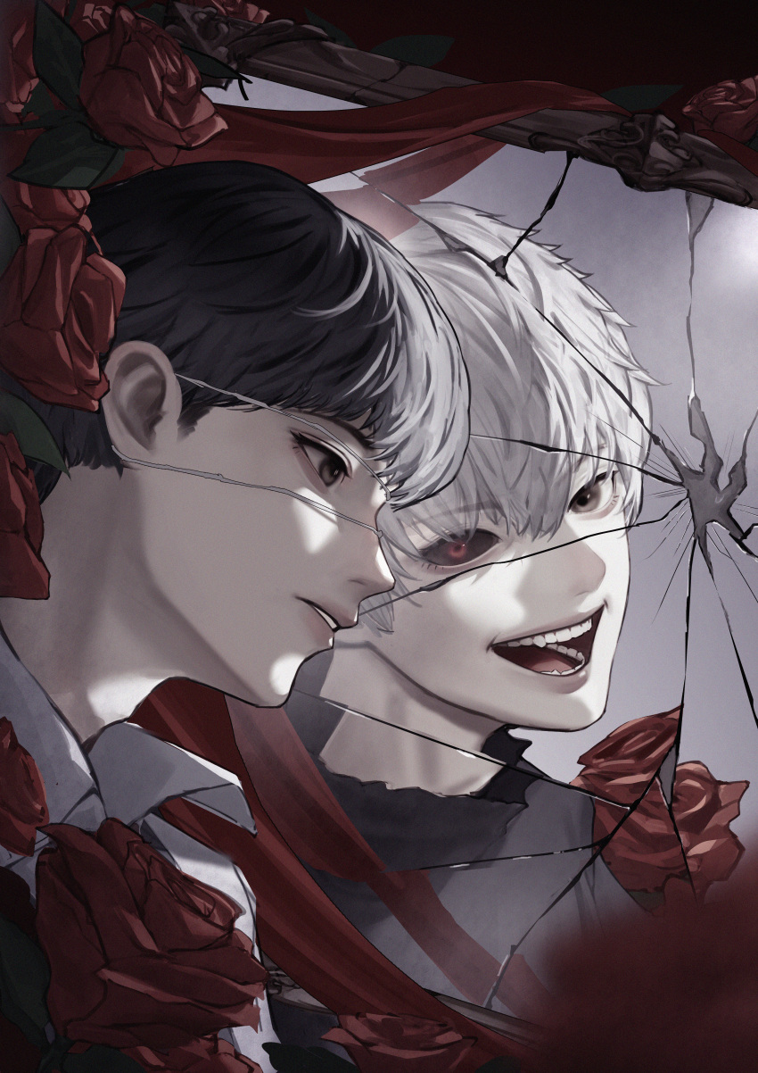 1boy absurdres benghuai_(yhae7454) black_hair black_sclera broken_mirror collared_shirt colored_sclera different_reflection eyepatch fang flower grey_hair heterochromia highres kaneki_ken mirror portrait red_eyes red_flower red_rose reflection rose shirt short_hair teeth tokyo_ghoul tongue white_shirt