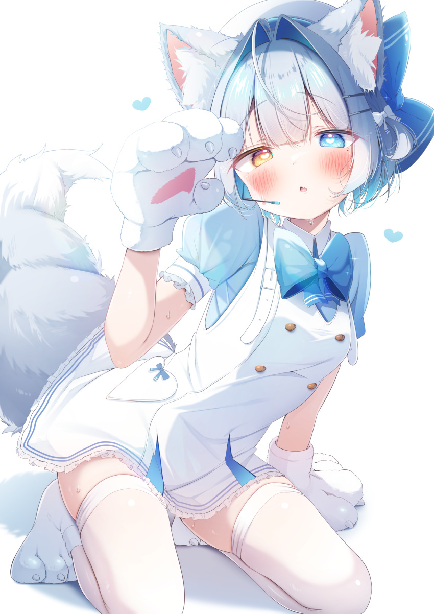 1girl absurdres animal_ears animal_hands blue_eyes blush bow cat_ears cat_paws cat_tail chestnut_mouth commentary_request dress embarrassed hair_bow hair_ornament hairclip heart heterochromia highres komugi_(2212) microphone original simple_background sweatdrop tail thighhighs white_background white_dress yellow_eyes