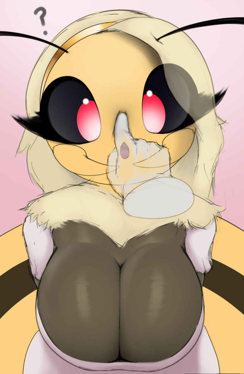 anthro arthropod bee biped black_body blonde_hair blossom_(thousandfoldfeathers) boop breasts cleavage clothed clothing female fur hair hi_res hymenopteran insect non-mammal_breasts nose_boop red_eyes solo thousandfoldfeathers yellow_body yellow_fur
