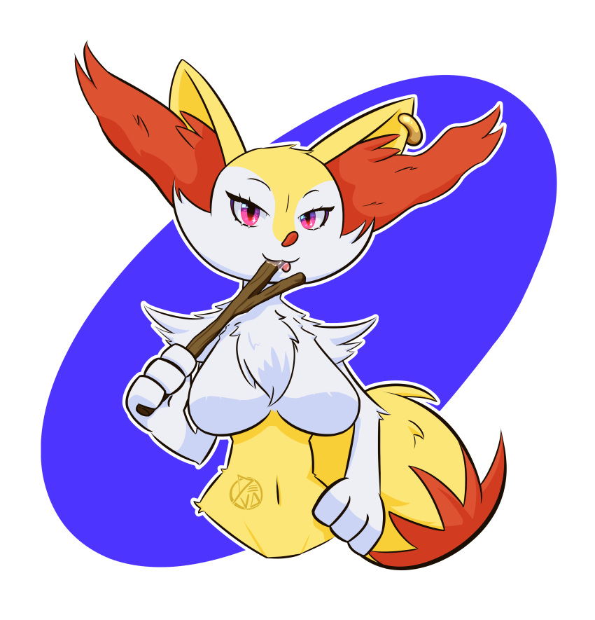 1girl absurdres animal_ear_fluff animal_ears animal_hands animal_nose artist_name blue_background body_fur braixen breasts closed_mouth commentary cropped_torso deva.png earrings english_commentary fox_ears fox_girl fox_tail furry furry_female half-closed_eyes hand_on_own_hip hand_up happy highres holding holding_stick jewelry large_breasts licking looking_at_viewer navel neck_fur no_nipples outline pink_eyes pokemon pokemon_(creature) saliva signature single_earring smile solo standing stick stomach tail tongue tongue_out two-tone_background two-tone_fur upper_body white_fur white_outline yellow_fur