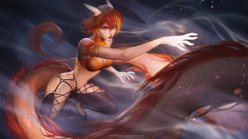 1girl 2022 artstation_logo artstation_username bare_shoulders blurry breasts commentary dark_background depth_of_field dragon_girl dragon_horns dragon_tail english_commentary eva_solo glowing glowing_hand highres horns ikonora_(the_mute_cynic) light_particles long_tail medium_breasts multicolored_hair navel orange_hair orange_scales original patreon_username purple_eyes scales short_hair solo streaked_hair tail twitter_logo twitter_username watermark