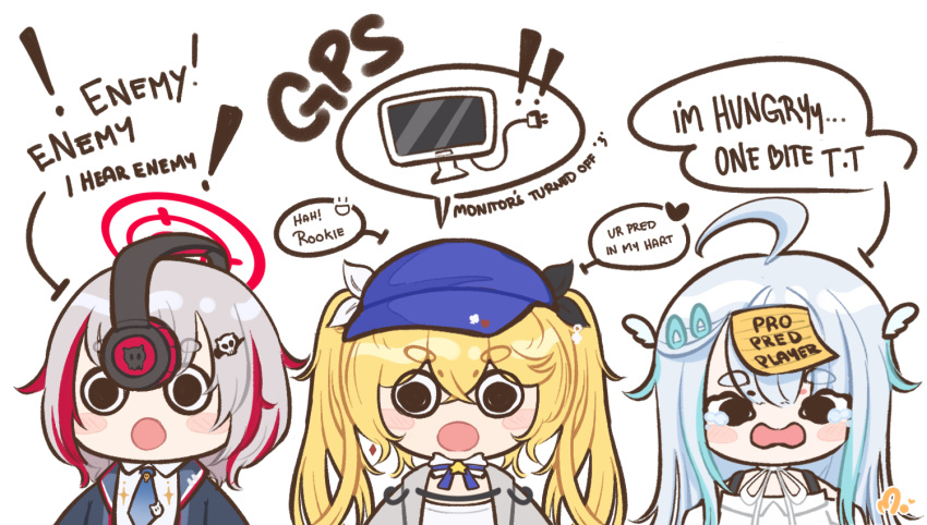 3girls amatsuka_uto assault_rifle blonde_hair blue_bow blue_bowtie blue_eyes blue_hair blue_hat blue_jacket blue_necktie bow bowtie chibi dokibird_(vtuber) dress dtto. english_commentary gun hair_ornament headphones hitominty indie_virtual_youtuber jacket light_blue_hair long_hair multicolored_hair multiple_girls necktie open_mouth red_eyes red_hair reject_(esports) rifle shirt short_hair skull_hair_ornament twintails utaite virtual_youtuber weapon white_dress white_hair white_shirt