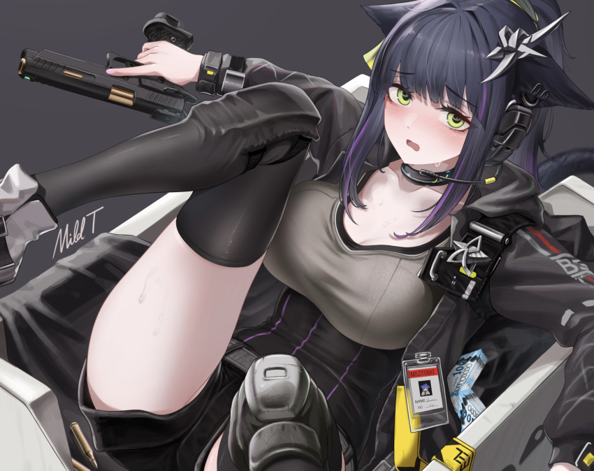 1girl animal_ears arknights black_choker black_hair black_jacket black_shorts black_thighhighs blush breasts cat_ears cat_girl choker cleavage commentary dark_background ears_down floppy_ears frown green_eyes grey_shirt gun headphones highres holding holding_gun holding_weapon id_card in_container jacket jessica_(arknights) jessica_the_liberated_(arknights) large_breasts long_sleeves looking_at_viewer mildt open_clothes open_jacket open_mouth ponytail shirt shorts simple_background solo thighhighs weapon