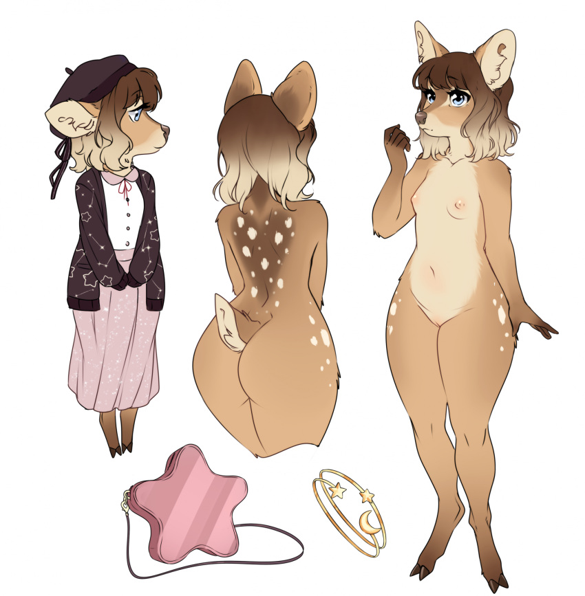 anthro beret biped breasts butt clothed clothing countershade_fur countershade_tail countershade_torso countershading deer female fingers fur genitals hair hat headgear headwear hi_res hooves inner_ear_fluff mammal model_sheet new_world_deer nude pudu pussy scut_tail short_tail simple_background small_breasts solo tail tuft viskasunya white_background