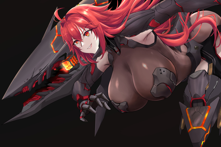 1girl ahoge alt3r arm_armor armor armored_boots ass black_armor black_background black_footwear bodystocking boobplate boots breasts cleavage english_commentary goddess_of_victory:_nikke hair_between_eyes hair_intakes huge_breasts long_hair mechanical_tail nihilister_(nikke) parted_lips red_eyes red_hair rigging see-through see-through_cleavage sidelocks simple_background skindentation smile solo tail torn_bodystocking torn_clothes turret