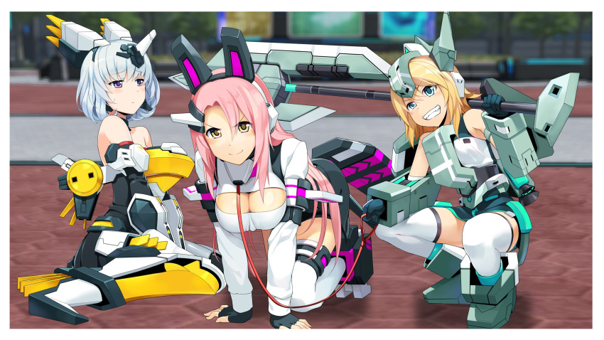 3girls armor asuka_(cosmic_break_2) bare_shoulders black_shorts blonde_hair blurry blurry_background boots breasts chihiro_(cosmic_break_2) cleavage_cutout clothing_cutout cosmic_break cosmic_break_2 game_screenshot_background glaive_(polearm) green_eyes grey_eyes grin highres holding holding_leash large_breasts leash long_hair looking_at_viewer matoi_(cosmic_break_2) mecha_musume medium_breasts multiple_girls official_alternate_costume official_art pink_hair polearm second-party_source short_hair shorts sitting smile sweatdrop teeth thighhighs wakaba_sprout wariza weapon white_hair yellow_eyes