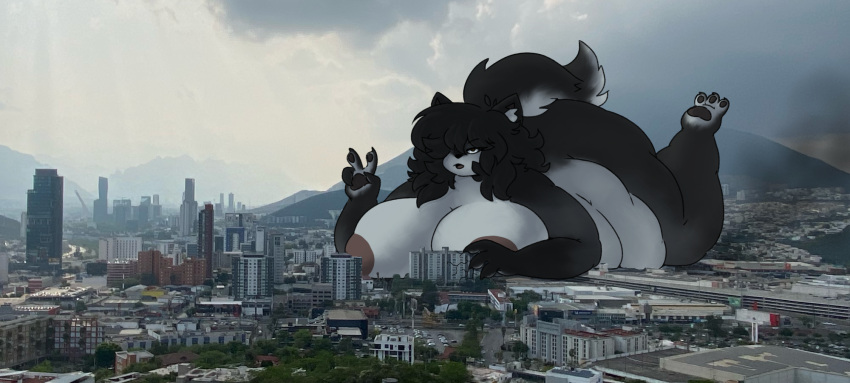 anthro belly big_breasts big_butt black_hair breasts building butt canid canine canis city city_background city_crushing city_destruction city_skyline cityscape curvy_figure digital_drawing_(artwork) digital_media_(artwork) female fur gesture hair hand_gesture hi_res looking_at_viewer lying macro mammal martha_(mexifurfoof) mexifurfoof mountain nipples nude on_front overweight overweight_female pawpads paws solo tail v_sign voluptuous wide_hips wolf